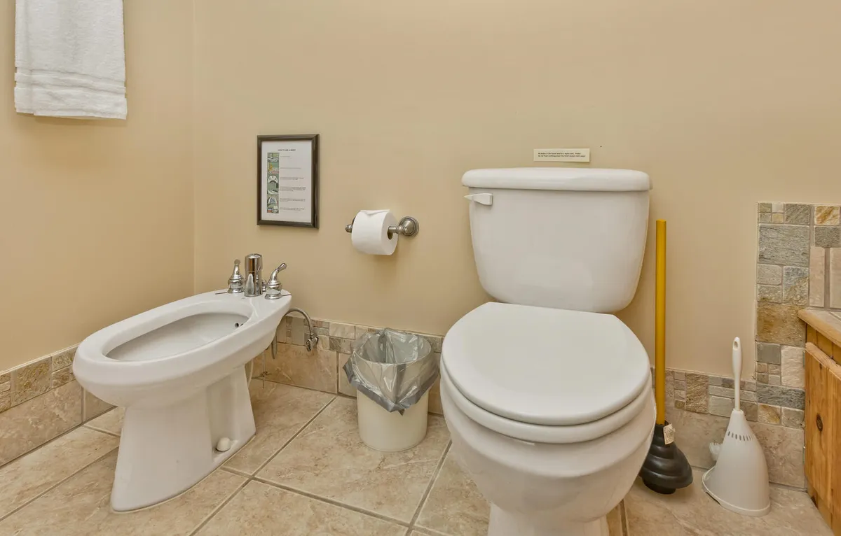 A practical bathroom space featuring a toilet, bidet, framed information sheet, wastebasket, and plunger. The look is straightforward and clean, showcasing modern amenities for personal hygiene and comfort.